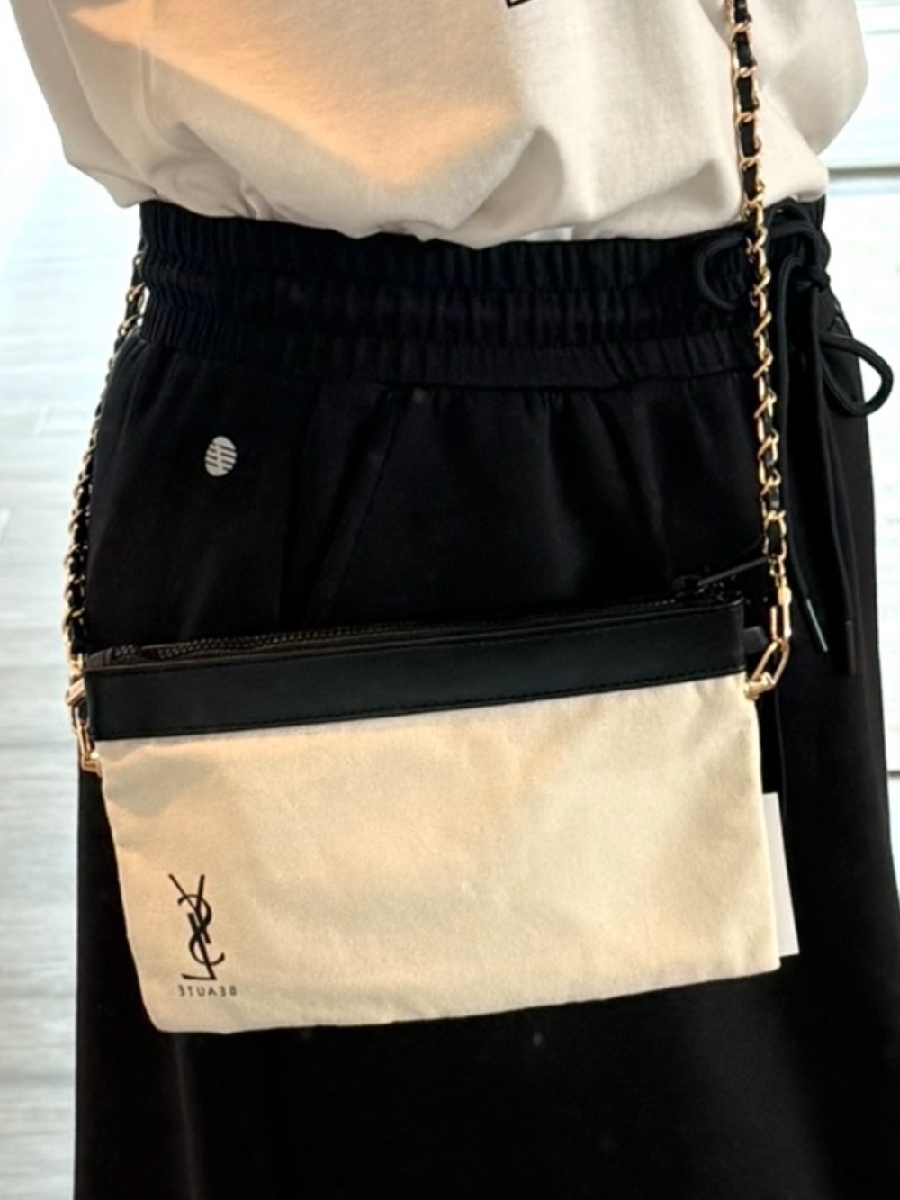 Yves Saint Laurent Cream Canvas and Black Leather Crossbody with Gold Chain